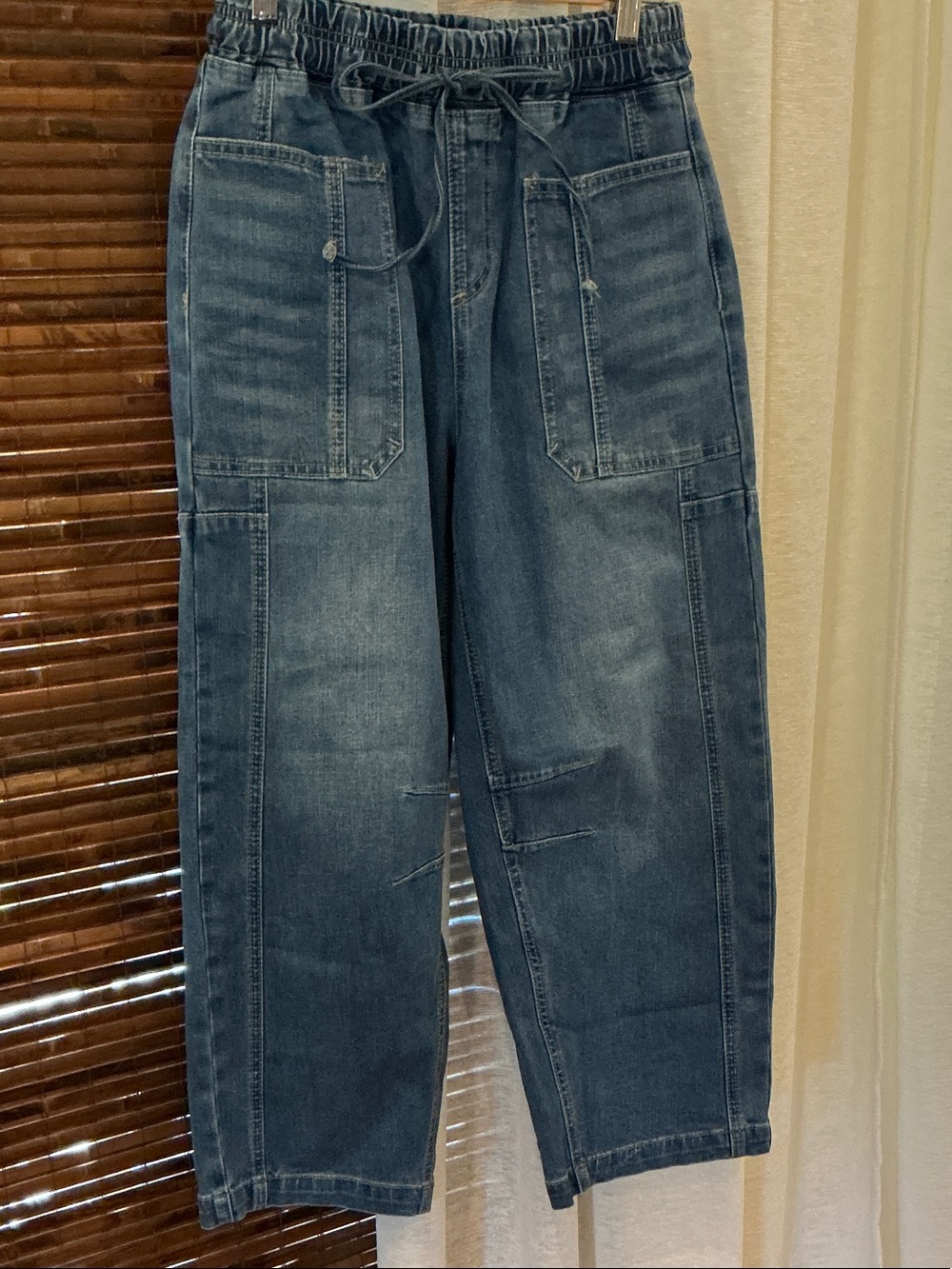 High-Rise Cropped Drawstring Denim Cargo Pants - Blue
